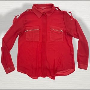 Beautiful Red Sheer Long Sleeve Blouse With Zipper Front Large Silver Detail